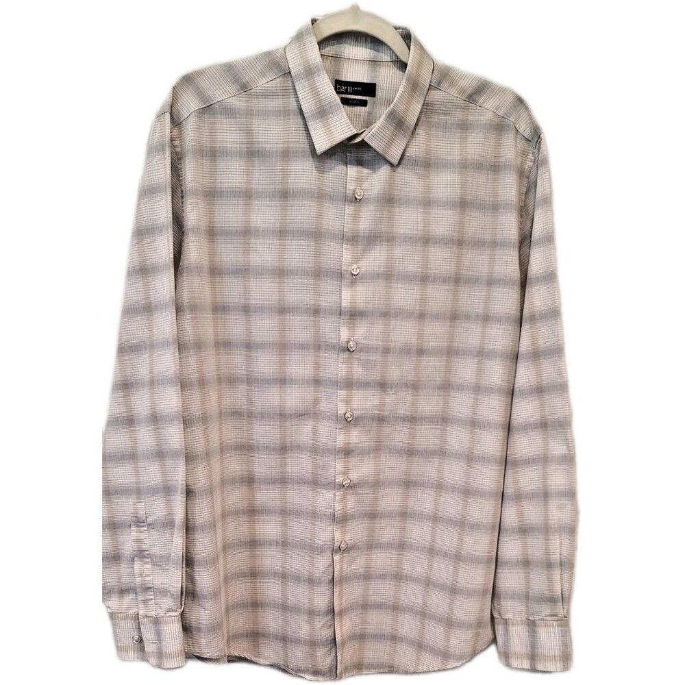 Mens Slim Fit Casual Button Up Shirt Stretch Plaid Blue/Tan Large College Preppy